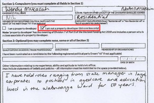 Is a husband a close associate? The electoral form from Wendy McKasah, on a ticket for Ku-ring-gai Council.