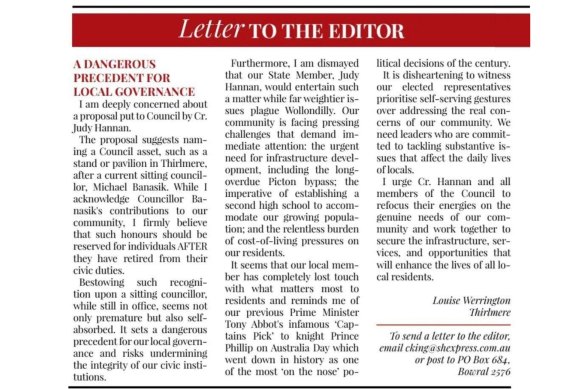 The original letter to the editor from a Louise Werrington, published in an earlier edition of the Southern Highlands Express newspaper.