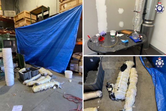Photos taken by Australian Border Force of the alleged clandestine drug lab they uncovered in a factory in Yagoona, NSW.