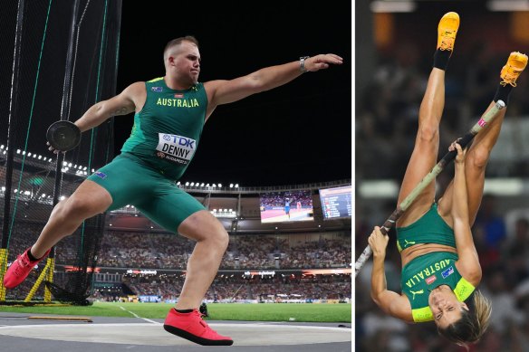 Australian discus thrower Matthew Denny finished fourth at the world championships while his compatriot Nina Kennedy qualified for the pole vault final.