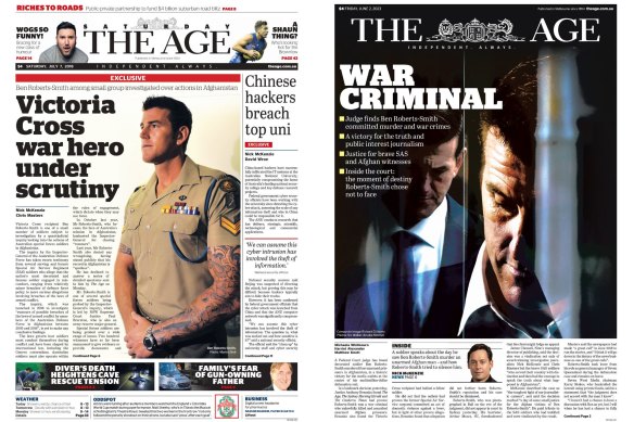 From left: The start of the investigation into Ben Roberts-Smith and the defamation trial judgment day report.