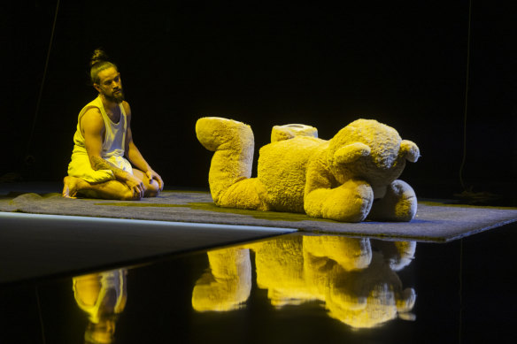 Gabriel Comerford and Adriane Daff (in a teddy bear costume) in a scene from Force Majeure’s idk.