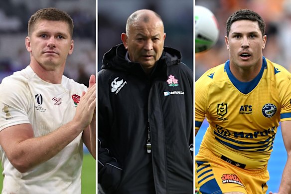 Owen Farrell, Eddie Jones and Mitchell Moses.
