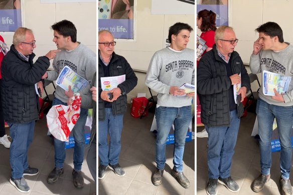 Composite image of Theo Theophanous, the former Member of the Victorian Legislative Council, in a heated exchange with a Lineral Party volunteer over how-to-vote cards in the seat of Northcote.