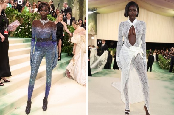 Queens of the catsuit: Anok Yai and Australian Adut Akech.