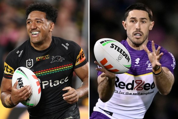 Panthers centre Paul Alamoti and Storm centre Nick Meaney.