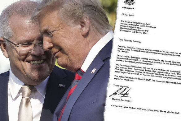 Scott Morrison with Donald Trump, and ambassador Joe Hockey's letter to US Attorney-General William Barr.
