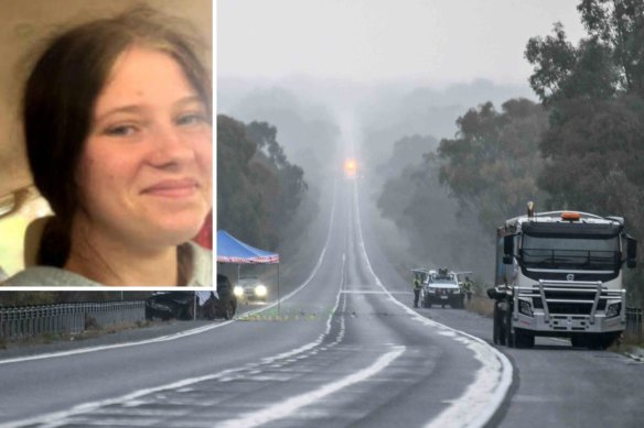 The scene of the crash and a supplied image of Montana Russell, 15, who died in the collision (inset).