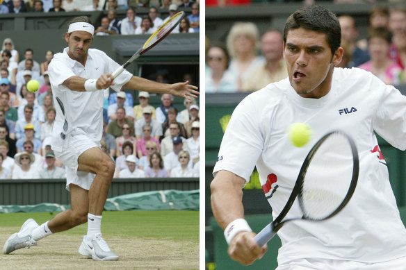 Roger Federer defeated Australian Mark Philippoussis to win the men’s singles final at Wimbledon in 2003.
