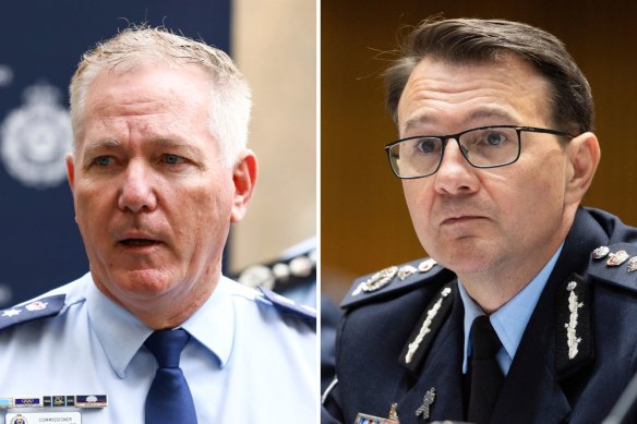 PwC partner Mick Fuller in his days as NSW police commissioner (left) and his friend Australian Federal Police Commissioner Reece Kershaw (right).