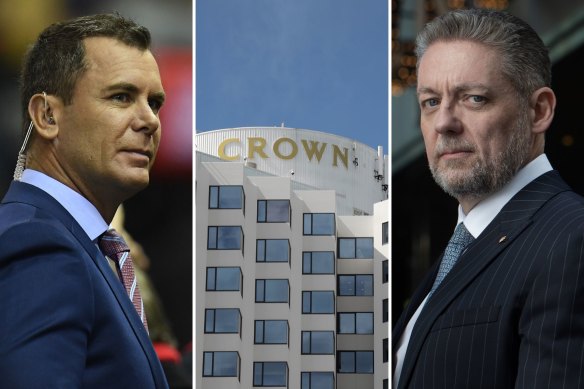 Wayne Carey (left) has denied possessing an illegal substance at Perth’s Crown casino. Crown chief executive Ciaran Carruthers (right) says police should have been called over the incident.