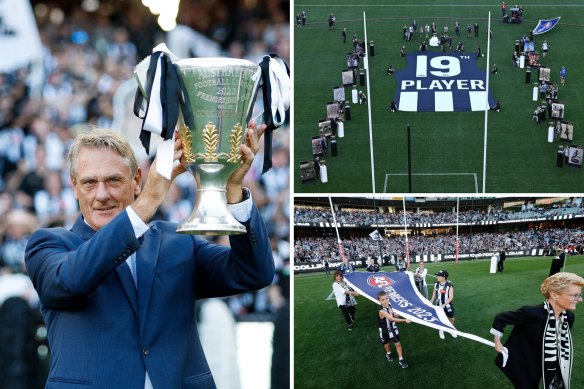 Former captain Peter Moore (main), the father of current captain Darcy Moore, takes part in the round one 2024 celebrations to mark the club’s 2023 premiership.