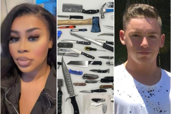 Stabbing victims Mauwa ‘Melanie’ Kizenga and Jack Beasley, with weapons seized in Queensland under new laws prompted by Beasley’s death. 
