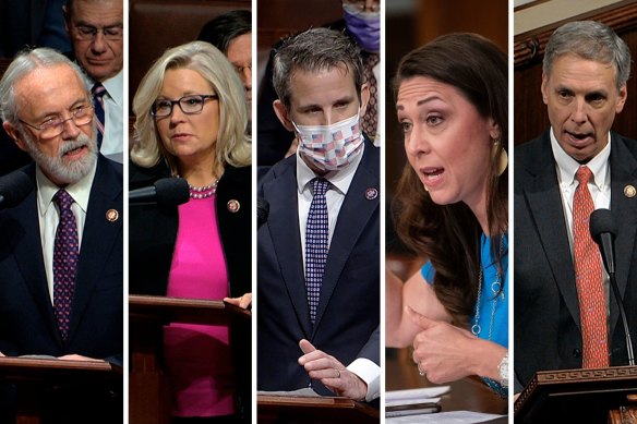 Jaime Herrera Beutler, Adam Kinzinger, Dan Newhouse, Tom Rice and Liz Cheney composite image for Trump Republican impeachment voters. 