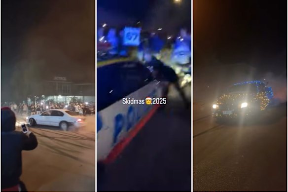 Vision from the Perth ‘Skidmas’ event shows cars doing burnouts, and people swarming a police vehicle. 