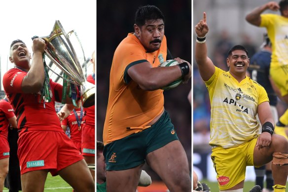 Will Skelton after winning European Cups with Saracens (left) and La Rochelle (right), and playing for the Wallabies in 2022 (middle).