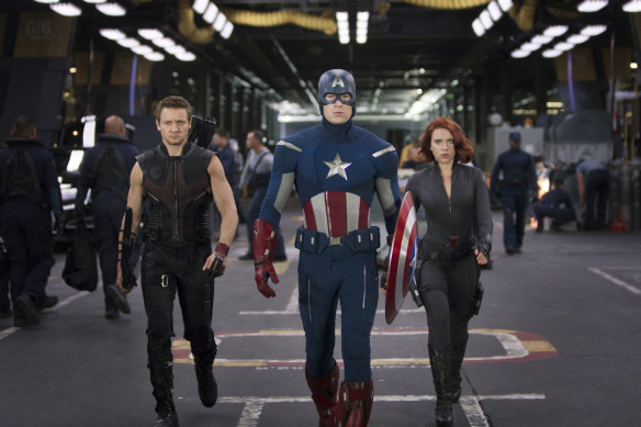 From left: Hawkeye (Jeremy Renner), Captain America (Chris Evans) and Black Widow (Scarlett Johansson) from Marvel's "Avengers" franchise.