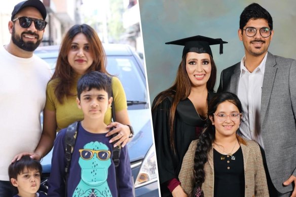 Vivek Bhatia, 38, (left) and his son, Vihaan Bhatia, 11, (in blue top) died at the scene, alongside family friends Pratibha Sharma, 44, (in academic gown) and her partner, Jatin Kumar, 30.  Sharma’s  daughter, Anvi, 9, died later in hospital. Vihaan’s mother, Ruchi Bhatia, and brother, Abeer, were seriously injured.