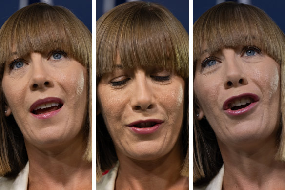 Jo Haylen at the press conference where she resigned as transport minister. 