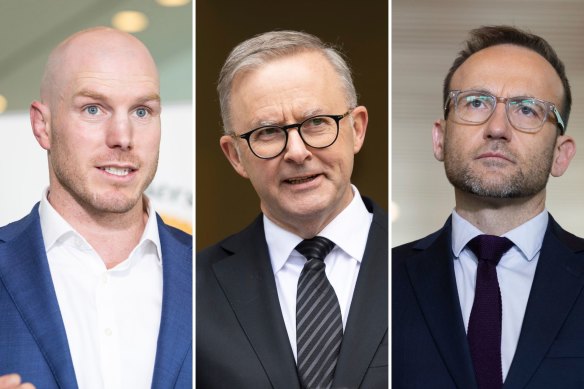 Prime Minister Anthony Albanese, centre, faces pushback on its EV policy from independent senator David Pocock, left, and the Greens, led by Adam Bandt.