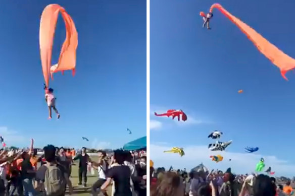 A three-year-old girl entangled in the tail of a giant kite survived a terrifying ride after being swept more than 30 metres into the air during a kite festival in Taiwan, video footage posted on social media showed. 