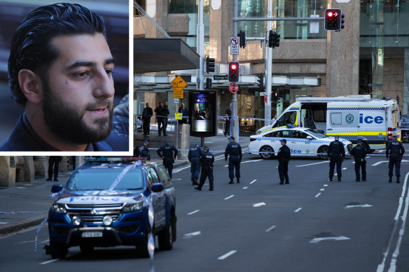 The crime scene in Sydney’s CBD where underworld figure Bilal Hamze, inset, was shot dead on Thursday night.