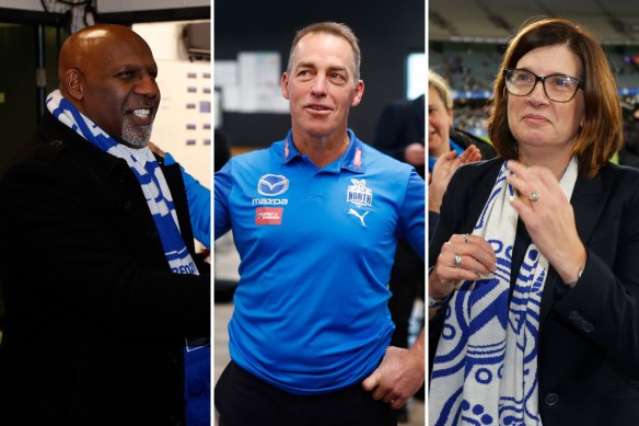 North Melbourne chief executive Ben Amarfio, coach Alastair Clarkson and president Sonja Hood.