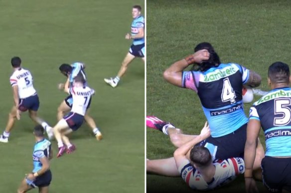Sifa Talakai complained that he was brought down by the hair by Sydney Roosters halfback Sam Walker on Friday night.