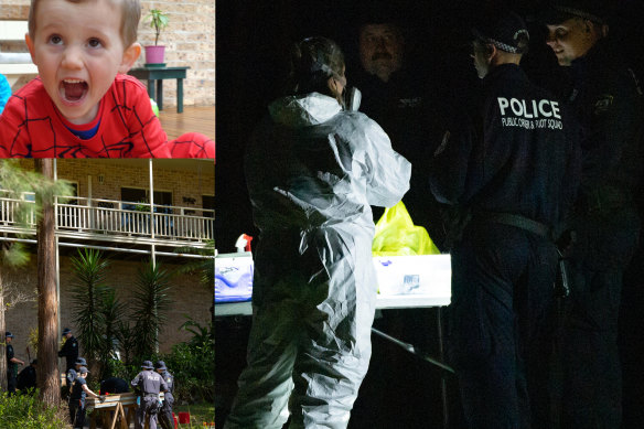 Forensics experts at the Kendall home on Tuesday use luminol and the balcony from which police suspect William Tyrrell (top left) fell.