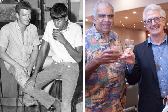 Brian Aarons and Gary Williams have a drink at the Bowraville Hotel in northern NSW during the Freedom Rides in 1965 and, right, the two celebrate 56 years after the original ride.