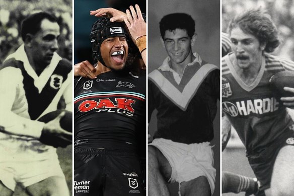 Players who have scored in at least three consecutive grand finals (l-r): St George’s Eddie Lumsden, Penrith’s Stephen Crichton, St George’s Johnny King and Parramatta’s Brett Kenny.