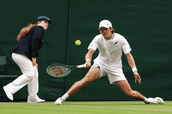 Alex de Minaur’s reaction after his fourth-round win was muted thanks to a hip injury sustained late in the match.