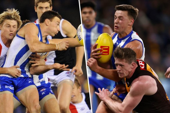 Brent Harvey in his playing days at North Melbourne (left) and his son Cooper following in his footsteps.