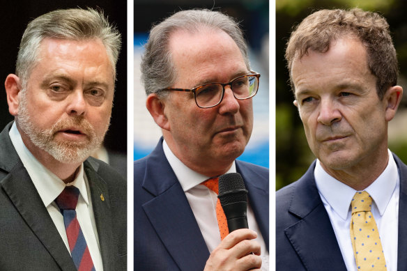Anthony Roberts (left), Alister Henskens and Mark Speakman are in the mix to lead the Liberals in NSW.