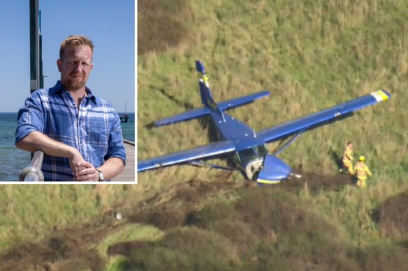 Frankston MP Paul Edbrooke and the scene of the plane crash at Barwon Heads last Friday.