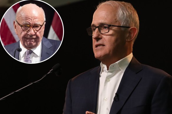 Former prime minister Malcolm Turnbull and inset, Fox chairman Rupert Murdoch.