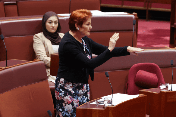 Hanson slapped him on the wrist and stormed out of the chamber before the Senate could censure him.