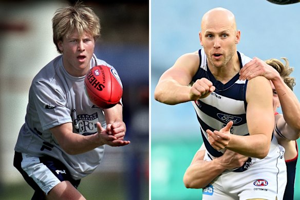 Gary Ablett jnr’s first training run for Geelong after being drafted in 2001 and back at the Cats in his final season, 2020.