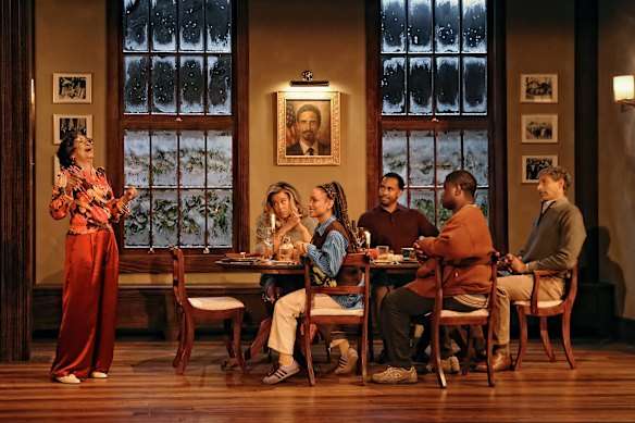 Fireworks at a very awkward family dinner. From left: Deni Gordon as matriarch Claudine, Grace Bentley-Tsibuah as Morgan, Sisi Stringer as Aziza, Maurice Marvel Meredith as Morgan’s husband Junior, Tinashe Mangwana as Naz and Markus Hamilton as Solomon Jasper. 