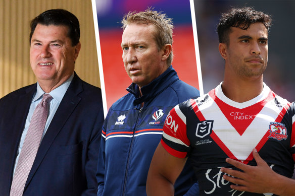 Rugby Australia chairman Hamish McLennan, Roosters coach Trent Robinson and rising star Joseph Suaalii.