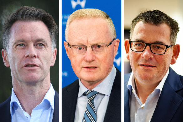 NSW Premier Chris Minns (left) and Victorian Premier Daniel Andrews (right)  have both taken aim at RBA Governor Philip Lowe (centre).