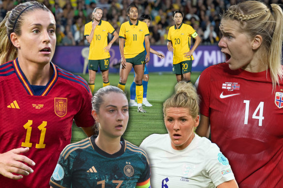 From left, Alexia Putellas, Sara Dabritz, Millie Bright and Ada Hegerberg are all shining lights for their European nations. Inset: Emily van Egmond, Mary Fowler and Sam Kerr.