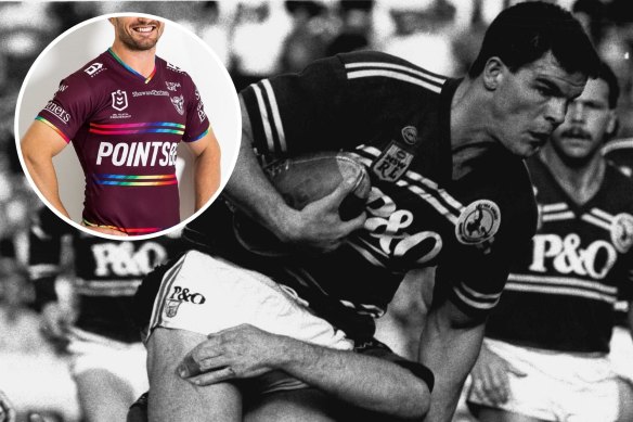 Former Manly enforcer Ian Roberts and (inset) the Sea Eagles’ Everyone in League jersey.