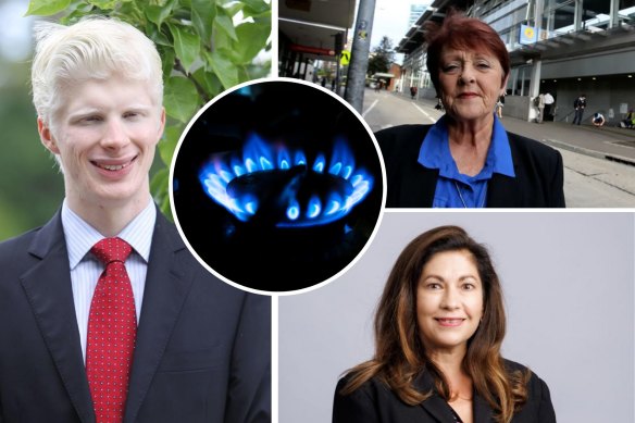 Councillors Cameron Maclean (left), Lorraine Wearne (top right) and Georgina Valjak (bottom right) are at loggerheads over Parramatta’s proposed gas ban.