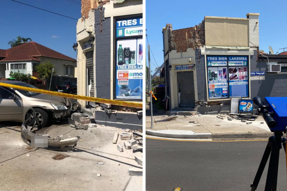A corner store in Lakemba, in south-west Sydney is at risk of collapse after car crashed into it on Sunday morning, February 20, 2022.