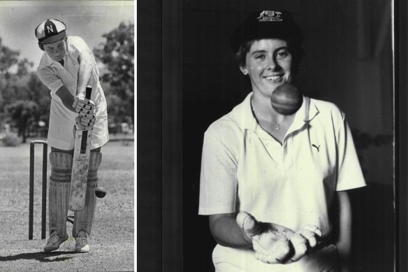 Lyn Larsen in her playing days in Lismore (left) and in the Australian baggy green cap (right).