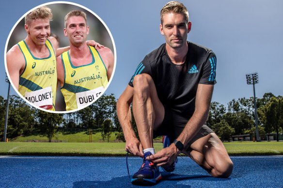 Australian decathlete Cedric Dubler, celebrating Ash Moloney’s bronze medal at the Tokyo Olympics (inset).