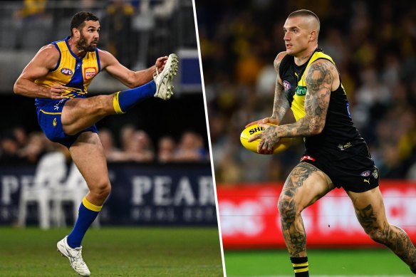 West Coast Eagles’s Jack Darling and Richmond Tigers’ Dustin Martin will both be in the hunt for goals this weekend.