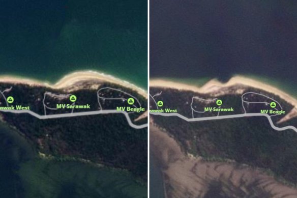 Before (left) and after (right) a previous landslip at Inskip Point in Queensland.