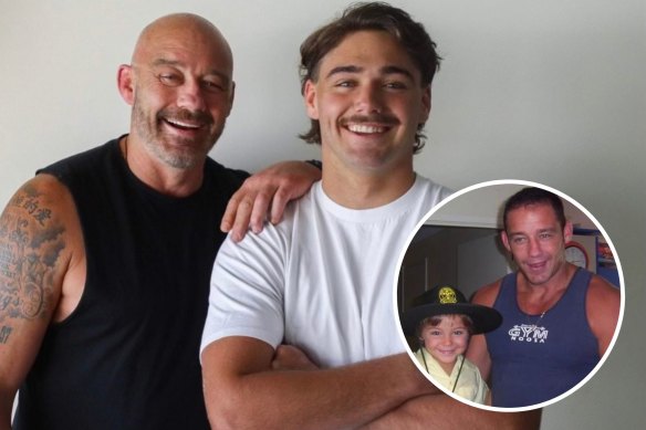 Penrith Panthers legend Mark Geyer with his son Mavrik Geyer ahead of his NRL debut for the club on Thursday night.